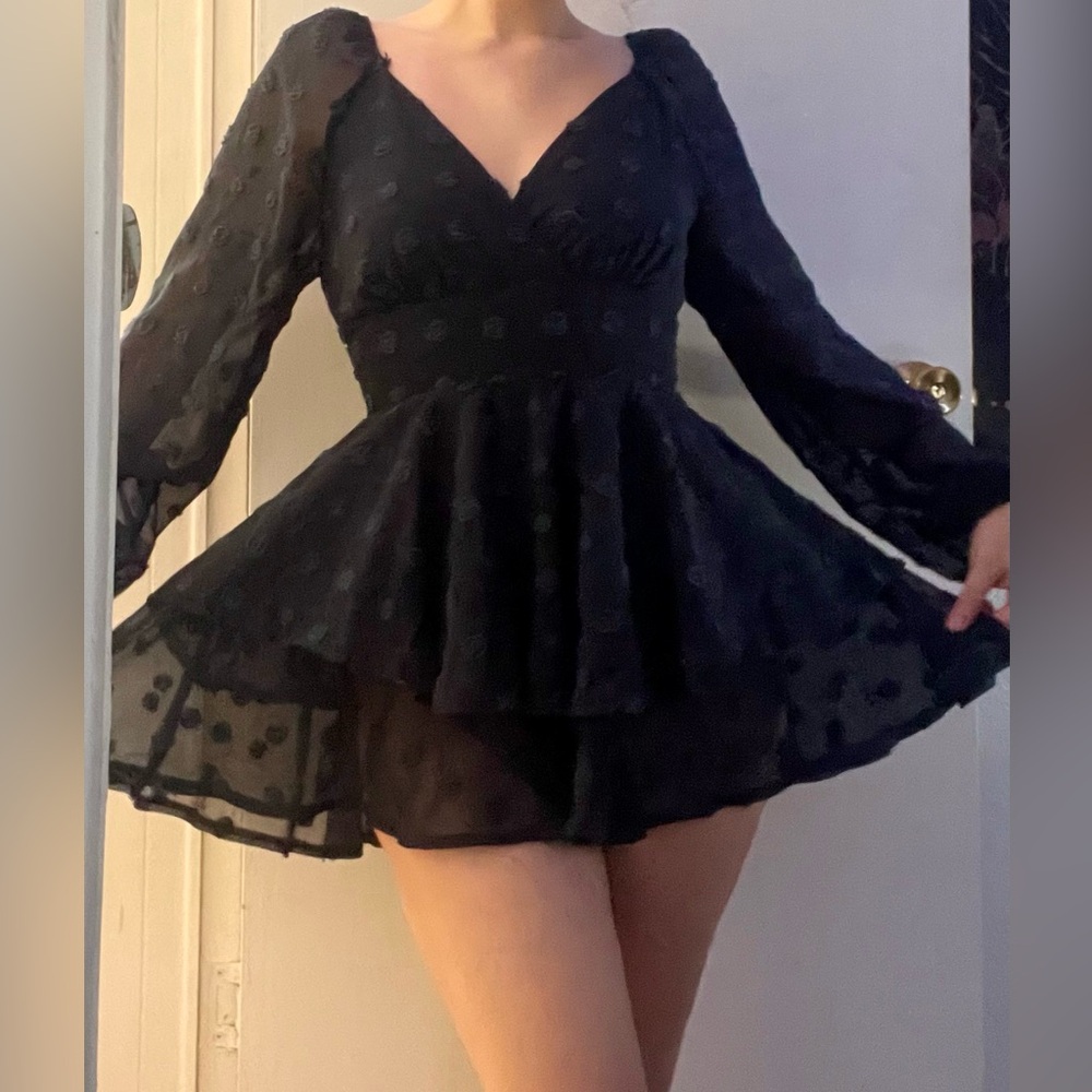 SHEIN Black Fit and Flare Bishop Sleeve Cocktail Romper